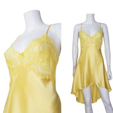 Vintage Babydoll Nightgown, Extra Large / Yellow Liquid Satin Nightie / Plus Size Lingerie / See Through Lace Chemise / Silky Pinup Lingerie 