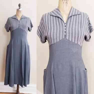 1940s Gray Day Dress Striped Cotton & Wool / 40s Short Sleeved Dress with Pockets Rhinestone Buttons / M / Rebecca 