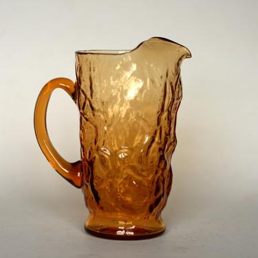 vintage amber crinkle glass pitcher / mid century pitcher 