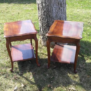 VINTAGE End Tables,  French Provincial Style,  Solid Wood Tables with a Bottom Shelf and a Pull Out Shelf, Mid Century Decor. 