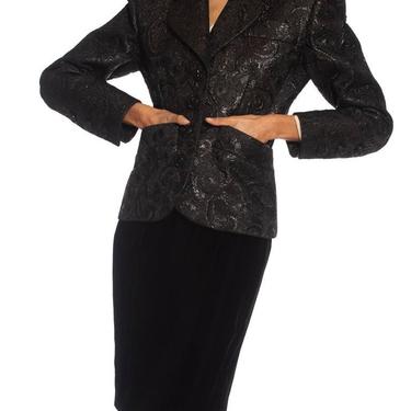 1980S Yves Saint Laurent Black Haute Couture Silk  Lurex Matelassé Suit With Velvet Skirt 
