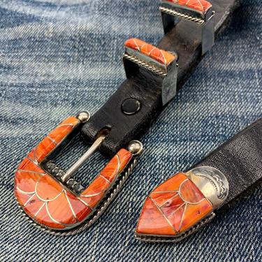 1990'S ZUNI Sterling & Coral Ranger Buckle Set - Coral Inlay in Sterling Silver - 4 Piece Set - Quality Tapered Leather - Waist 33-35 Inches 