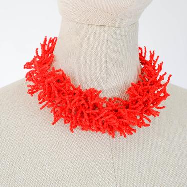 Vintage 80s Abstract Fire Coral Red Beaded Choker Necklace | Hand Beaded Jewelry | 1980s Designer Avant Garde, Statement, Choker Necklace 