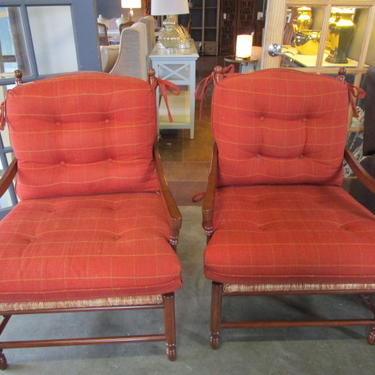PAIR OF DURALEE RUSH SEAT ARM CHAIRS WITH CUSHIONS
