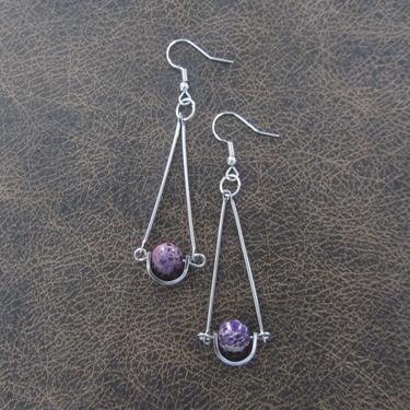 Jasper pendulum earrings, silver minimalist dangle earrings, mid century modern earrings, geometric earrings, simple dainty unique purple 