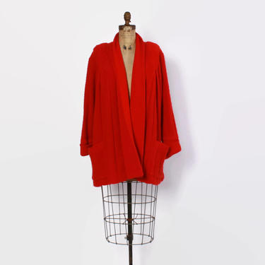 Vintage 80s SWEATER Coat / 1980s Dramatic Oversized Red Full Swing Knit Cardigan Jacket by luckyvintageseattle