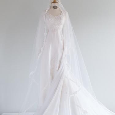 Dreamy 1970s Fairytale Wedding Gown With Original Veil and Long Train / XS