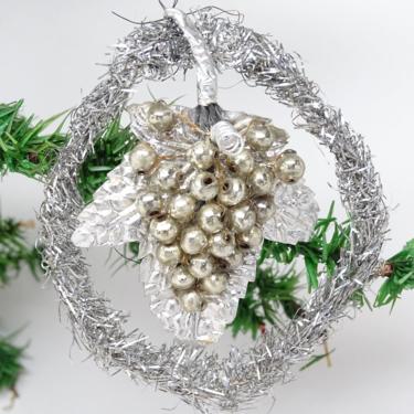 Antique Mercury Glass Grape Cluster on Silver Foil Leaf in Tinsel Wreath Christmas Ornament, Vintage Retro Decor 