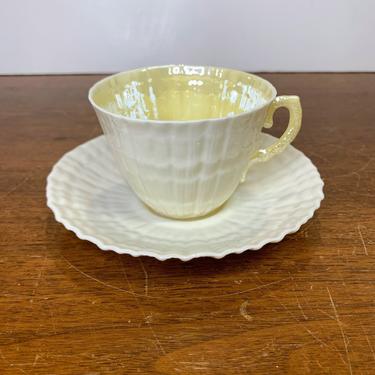 Vintage Belleek Pottery Limpet Yellow Tea Cup and Saucer 6th Green Mark 1965-80 