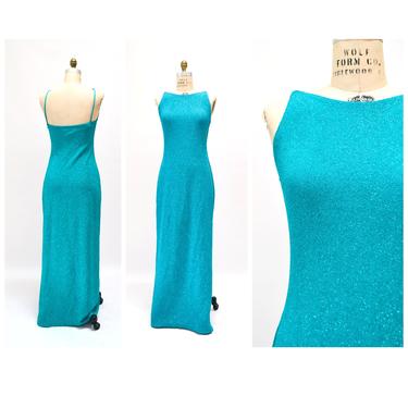 90s 2000s Y2k  Metallic Blue Teal Prom Party Dress Tank Long Dress Medium // Vintage Evening Pageant Dress Blue Metallic knit Dress 