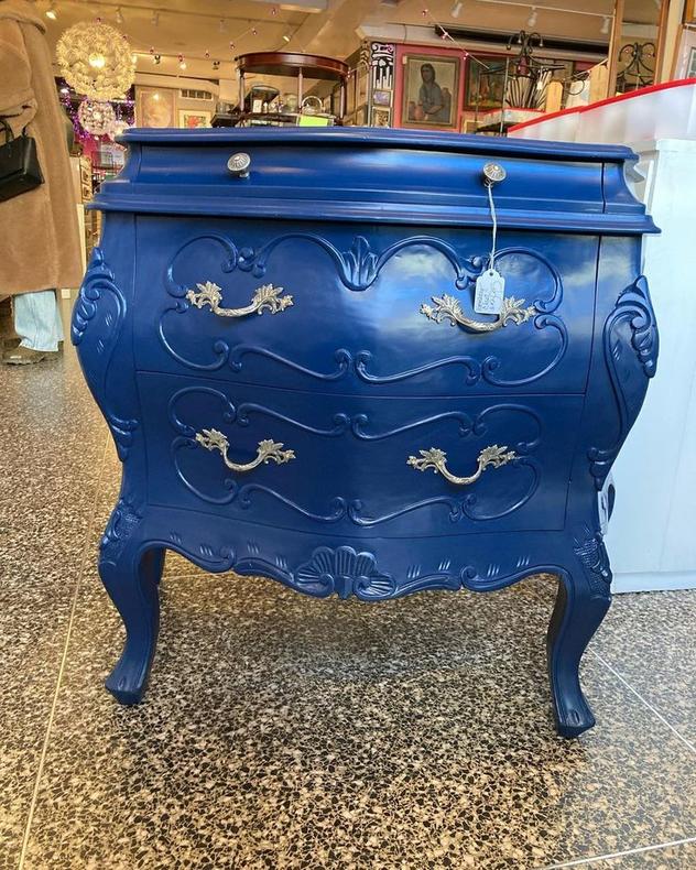 Bright blue painted Bombay chest.  32.5” x 18” x 28”