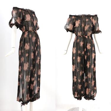 70s silk lurex sheer print harem jumpsuit / vintage 1970s billowy peasant style one piece jumpsuit sz L 