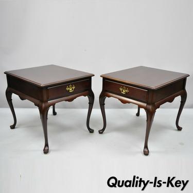 Pair Cherry Wood Queen Anne 1 Drawer Rectangle End Tables Hammary Carlton Manor