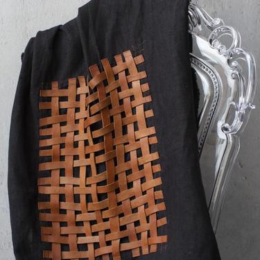Woven Cognac Leather and Black Linen Scarf
