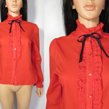 Vintage 70s Frilly Cherry Red Ribbon Tie Blouse Made In USA Size M 