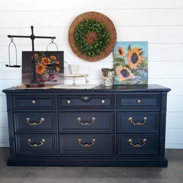 Navy Blue Dresser with 9 Drawers &#8211; Gold Hardware