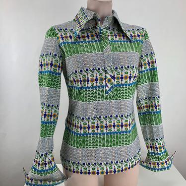 1960'S MOD TOP - Flower Power - Novelty Print - Cotton Jersey Knit - French Cuffs - Made in Finland - Size Medium - NOS / Dead-Stock 