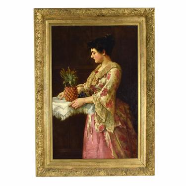 19th C. Granville Eliot Victorian Oil Painting Portrait Beautiful Woman w Pineapple 