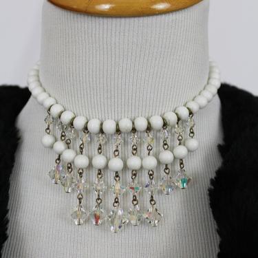 Vintage 1950s 60s AB Crystal & White Bead Pearl Chandelier Drop Bib Necklace Collar statement piece 