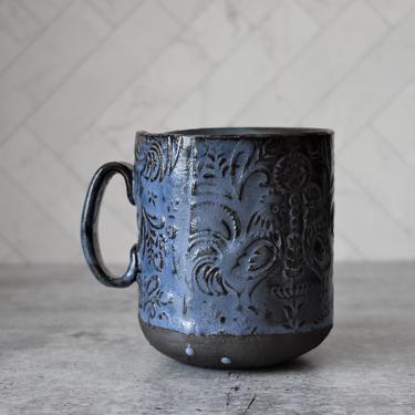 Sky blue pottery mug, Large Ceramic coffee mug, Rooster mug, Coffee lover gift, Unique mugs, Handmade gift 