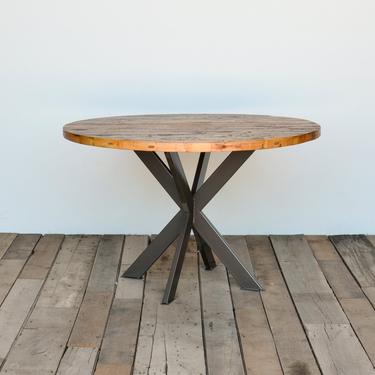Antique Round Dining Table made with reclaimed wood and steel intersecting legs.  Custom orders welcome.  Choose size, height and finish. 