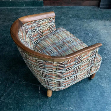 Vintage Erwin Lambeth Slipper Chair on Caster Walnut Tomlinson Mid-Century Mad Men Wheel Petite Boho Bohemian Woven Fabric