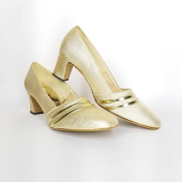 Vintage Gold Dancing Shoes / Low Mod Heels Size 8 / 1940s Style Ballroom Shoes / Nonslip Dance Shoes / Showgirl Burlesque Dance 