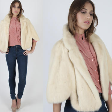 60s Natural Blonde Mink Fur Capelet / 1960s Real Ivory Mink Cape / Vintage Huge Structured Fur Under Collar / Womens Cropped Lined Shrug 
