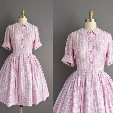 vintage 1950s dress | Lavender Plaid Print Short Sleeve Full Skirt Cotton Shirt Dress | Large XL | 50s vintage dress 