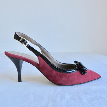 Vintage Size 8.,5US 39 1950's Style Red Suede Slingback Heels Pointed Toes Kitten Heels Rockabilly Swing Bruno Magli Made in Italy 