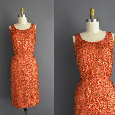 1950s vintage dress | Absolutely Outstanding Full Sequin Orange Cocktail Party Wiggle Dress | XS Small | 50s dress 