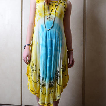 Vintage Yellow and Blue Hippy Tie Dyed Dress 