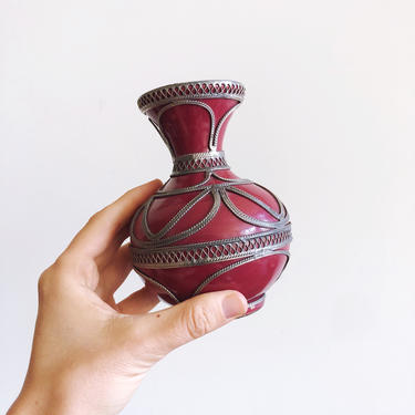 Vintage Moroccan Metal Filigree Ceramic Vase 