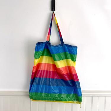 Rainbow striped nylon tote bag with a secret umbrella - 1970s vintage accessory 