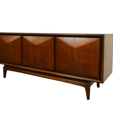 Walnut Long Dresser United Furniture Diamond Front Kagan Style Mid Century Modern 