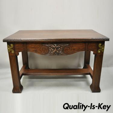 Antique Art Nouveau Carved Oak Northwind Face Desk Library Table with One Drawer