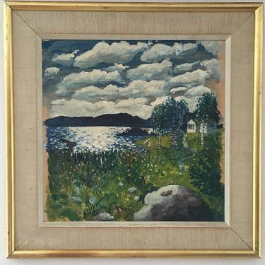 Primitive-style original painting of a lake scene. $195. Approx. 15"W X 15"L. #swedishart #shoplocalmd #mocomd #olneymd #klaradalswedishantiquesandgifts #klaradal
