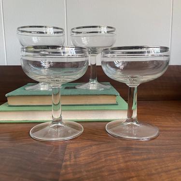 Set of 4- Vintage Champagne Cocktail Coupe Glasses; Silver Rim Pattern 
