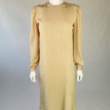 1980's Elegant Taupe Striped Puff-Sleeve Dress