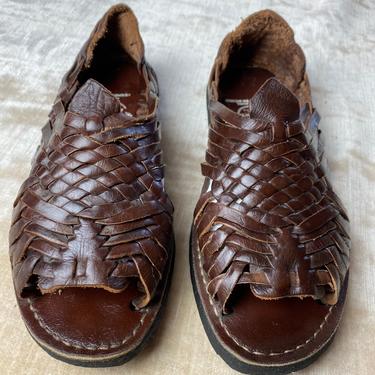 60’s 70’s glossy brown woven leather sandals open toe D Santy Huaraches shoes Unisex rubber tire soles women’s size 7- 7 1/2 