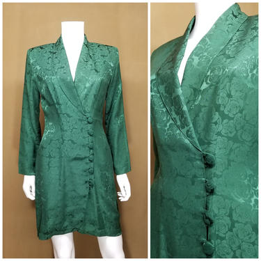 Vintage 80s Green Silk Dress ~ Sheath Dress ~ Green Jacquard Rose Pattern ~ Princess Seams ~ Tight Surplice Cut ~ V Neck ~ 100% Silk ~ Small 