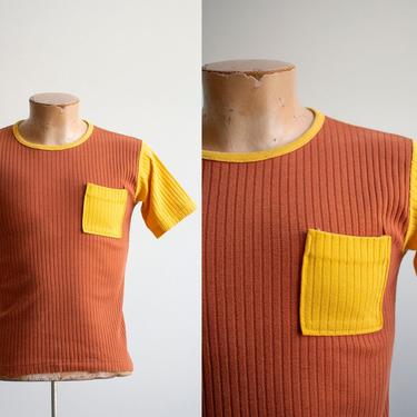 Vintage 1970s Tshirt / 1970s Pocket Tee / Vintage Ribbed Pocket Tshirt / Vintage Brown and Yellow Tshirt / Vintage Pocket Tee XS / 70s Sears 