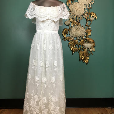 1970s lace dress, bohemian wedding dress, vintage 70s dress, sheer white dress, size small, vintage prom dress, La chantee', 70s boho bridal 