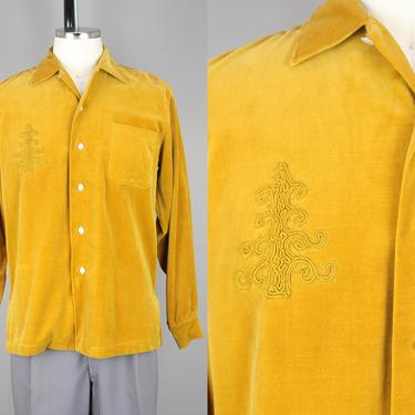 1960s ADRIAN Velvet Shirt | Vintage 60s Embroidered Casual Shirt in Ochre Velvet | medium 
