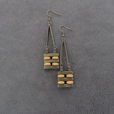 Minimalist earrings, bronze mid century earrings, statement brutalist earrings, geometric earrings, simple dangle earrings, yellow lava rock 