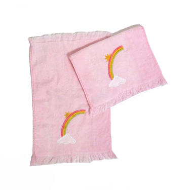 Vintage 80s Set of Pink Rainbow Embroidered Hand Towels 