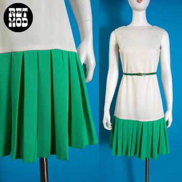 Adorable Iconic Mod Vintage 60s 70s White Green Color Block Drop Waist Sleeveless Dress 