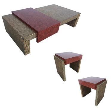Two-Tone Cubist Style Side Table And Coffee Table Set 