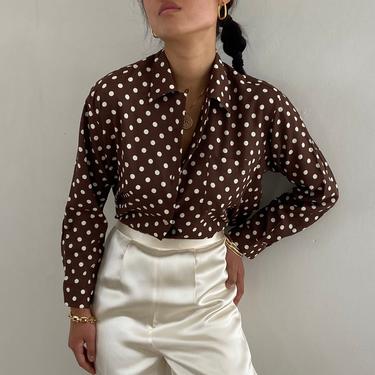 90s polka dot blouse / vintage chocolate brown polkadot silky crepe oversized pocket blouse | L 