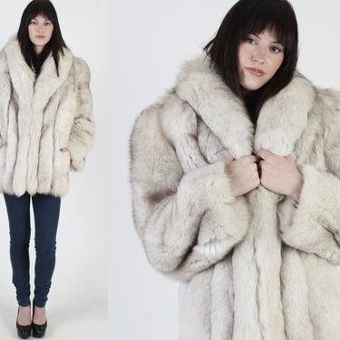Chubby Arctic Fox Fur Coat / Real Fur Jacket With Pockets / Vintage 80s Off White Shawl Collar / Suede Inlay Corded Apres Ski Winter Jacket 